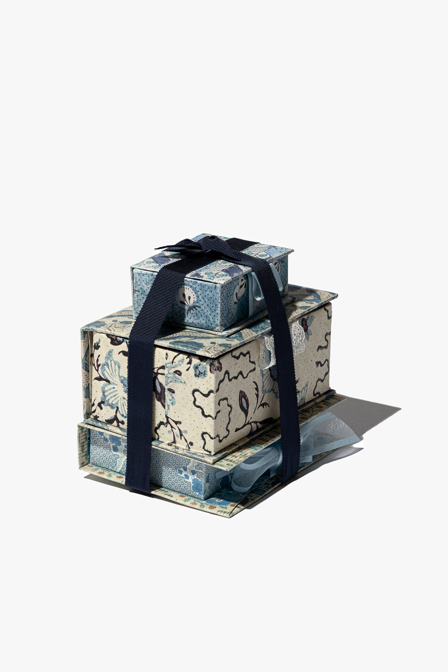 Set of Three Small Boxes with Blue Patterns