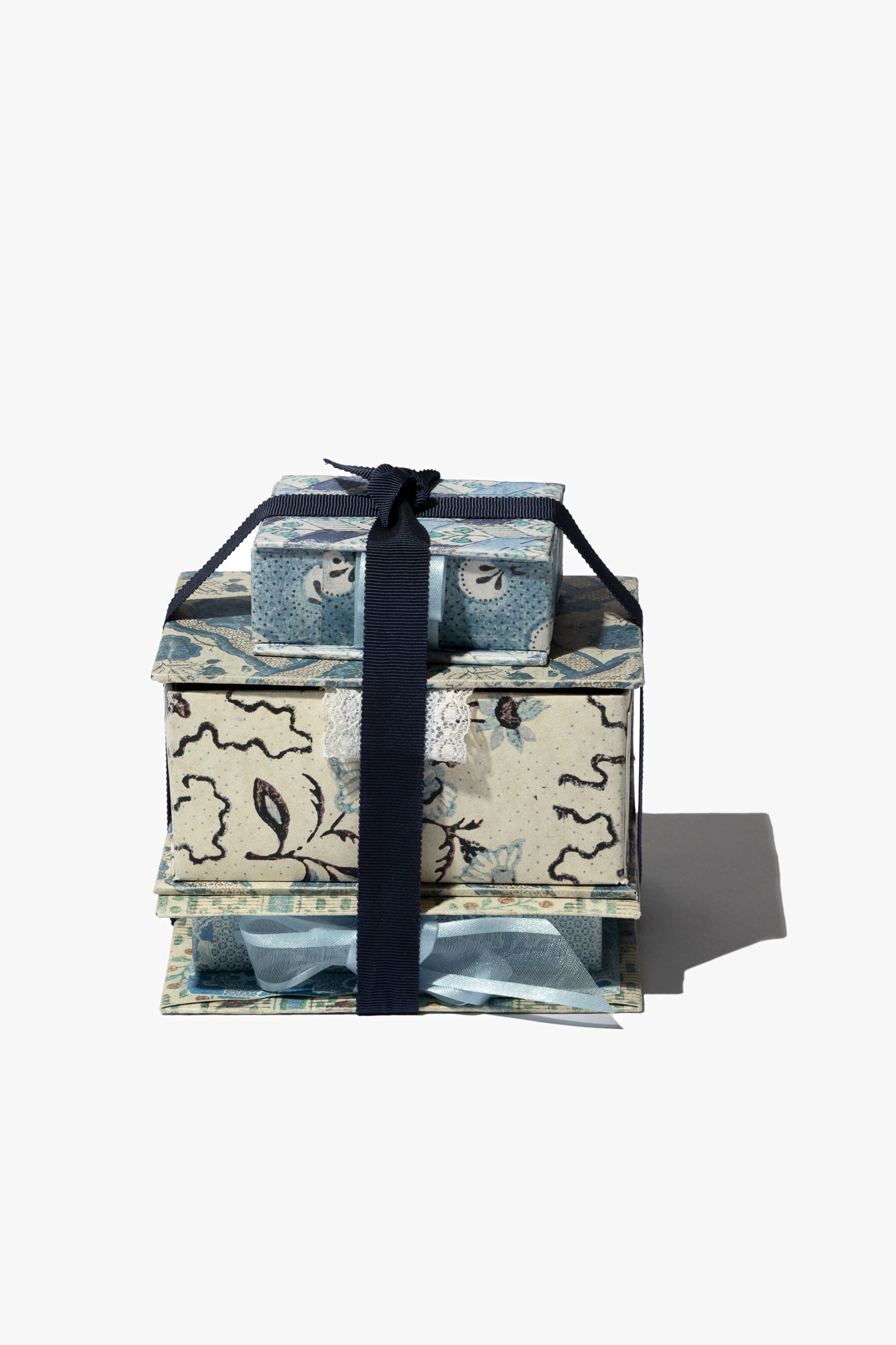 Set of Three Small Boxes with Blue Patterns