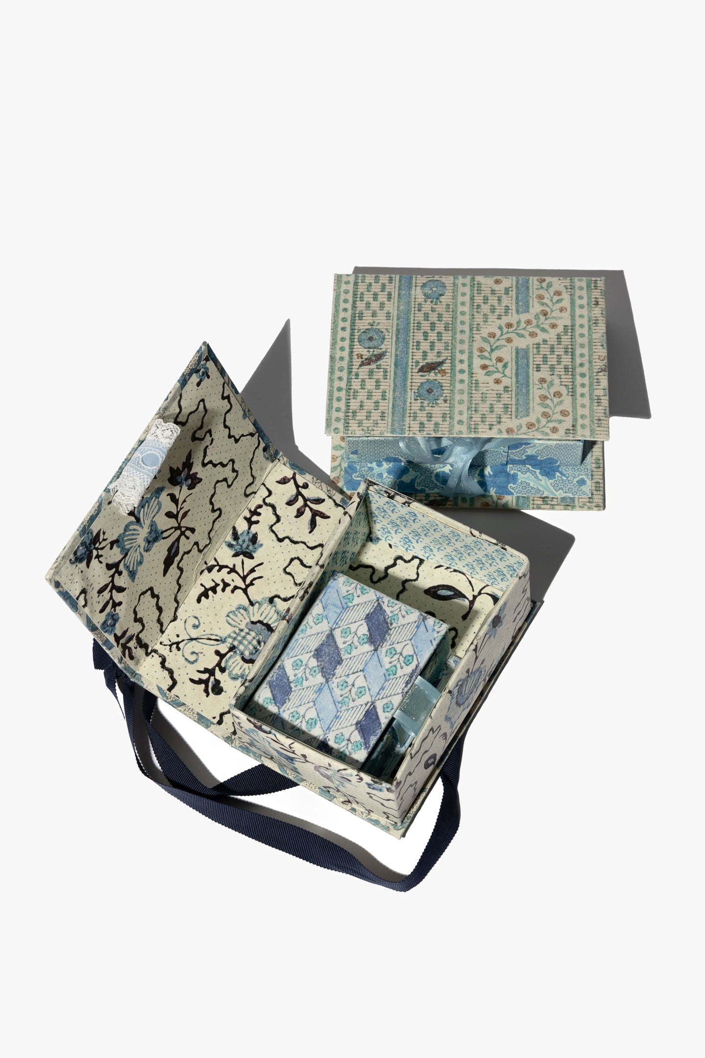 Set of Three Small Boxes with Blue Patterns