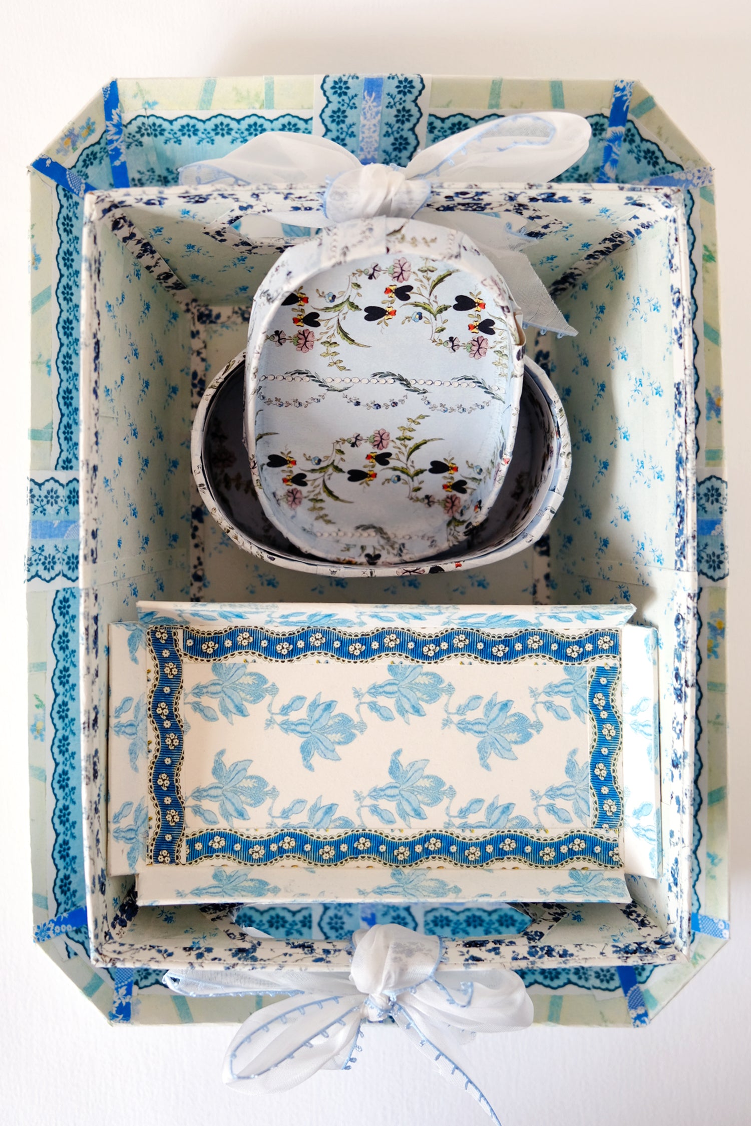 Mixed Blue Floral Desk Set with Gauzy Picot Ribbon