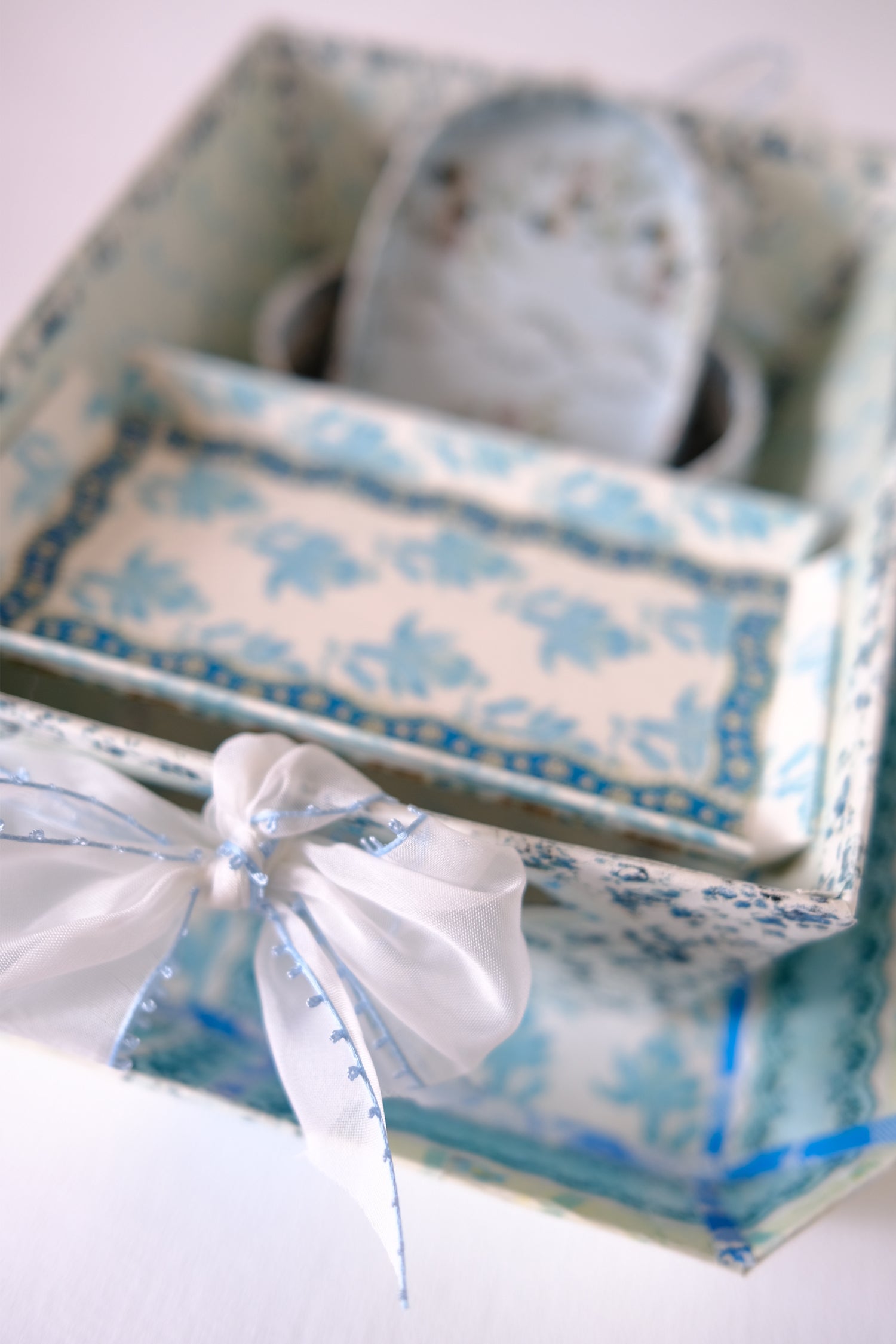 Mixed Blue Floral Desk Set with Gauzy Picot Ribbon