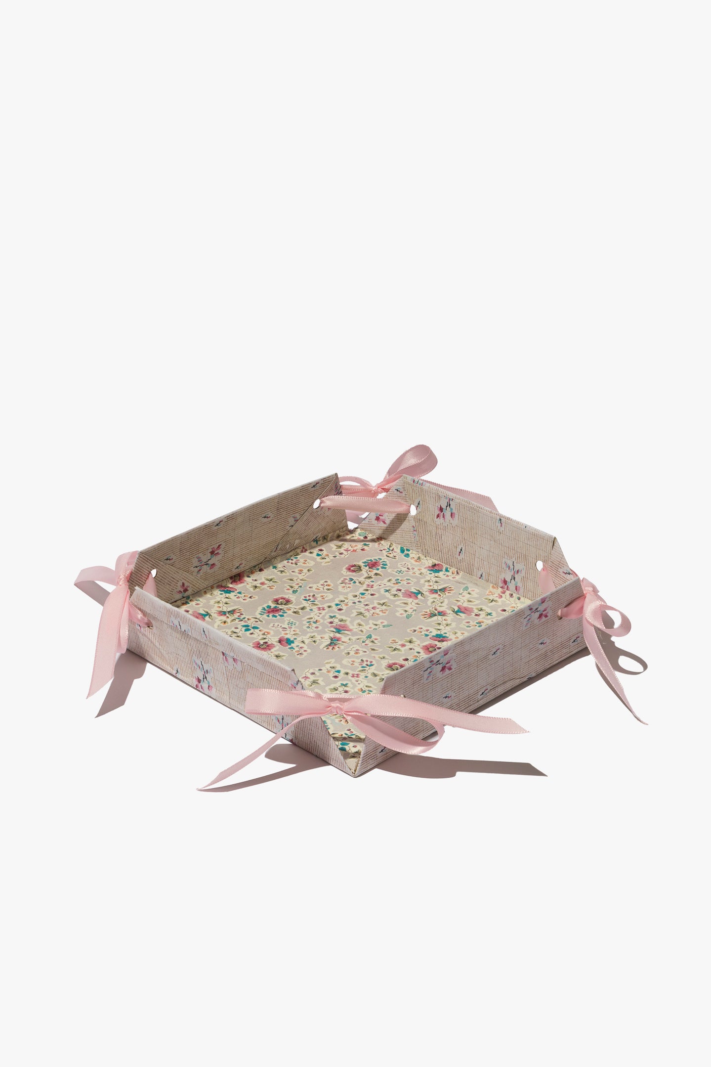 Taupe Ikat Scatter Florals and Calico with Pink Satin Ribbons