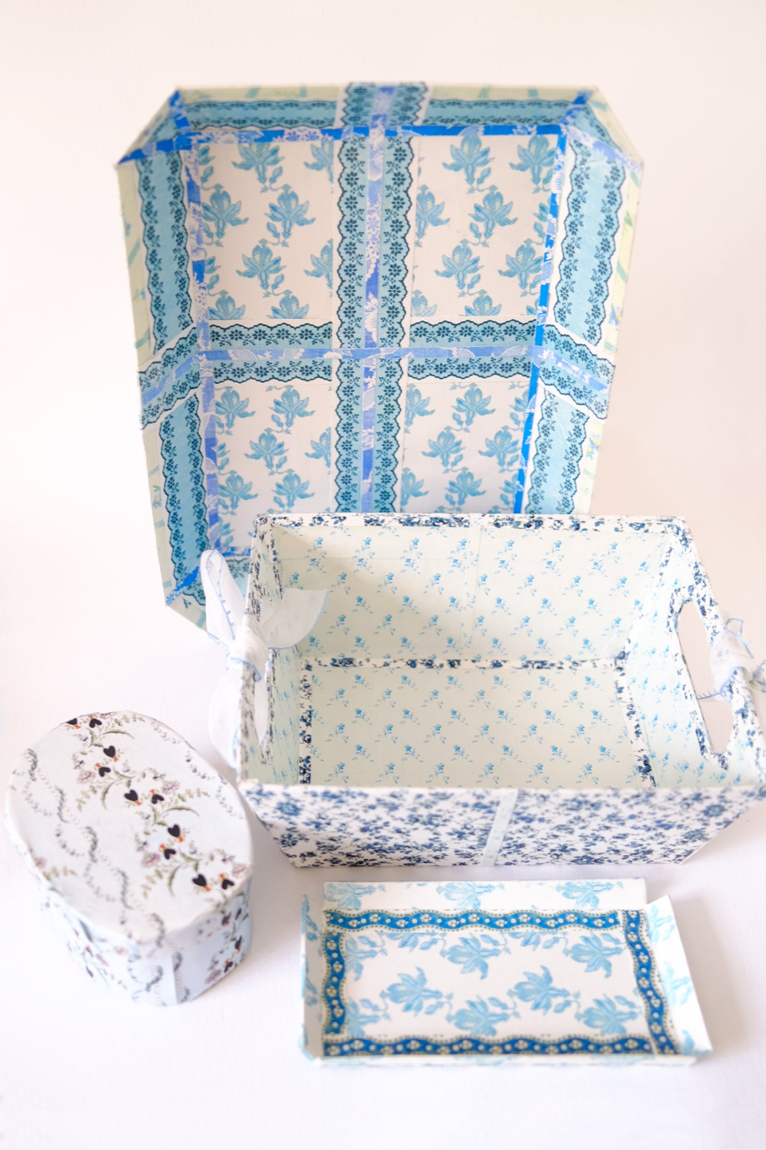 Mixed Blue Floral Desk Set with Gauzy Picot Ribbon