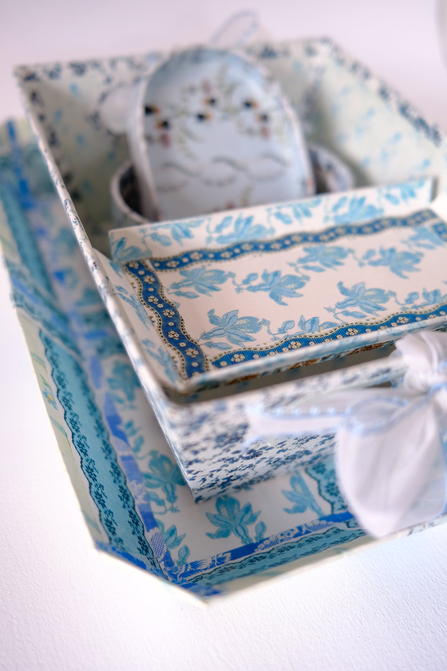 Mixed Blue Floral Desk Set with Gauzy Picot Ribbon