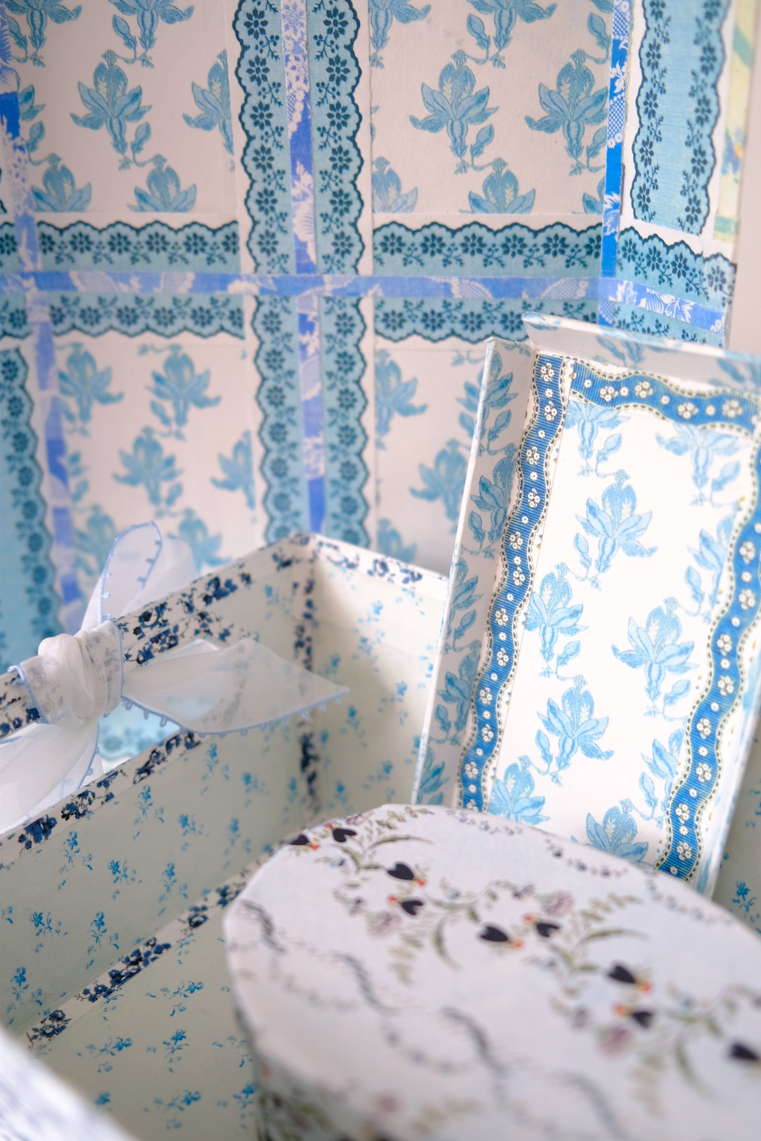 Mixed Blue Floral Desk Set with Gauzy Picot Ribbon