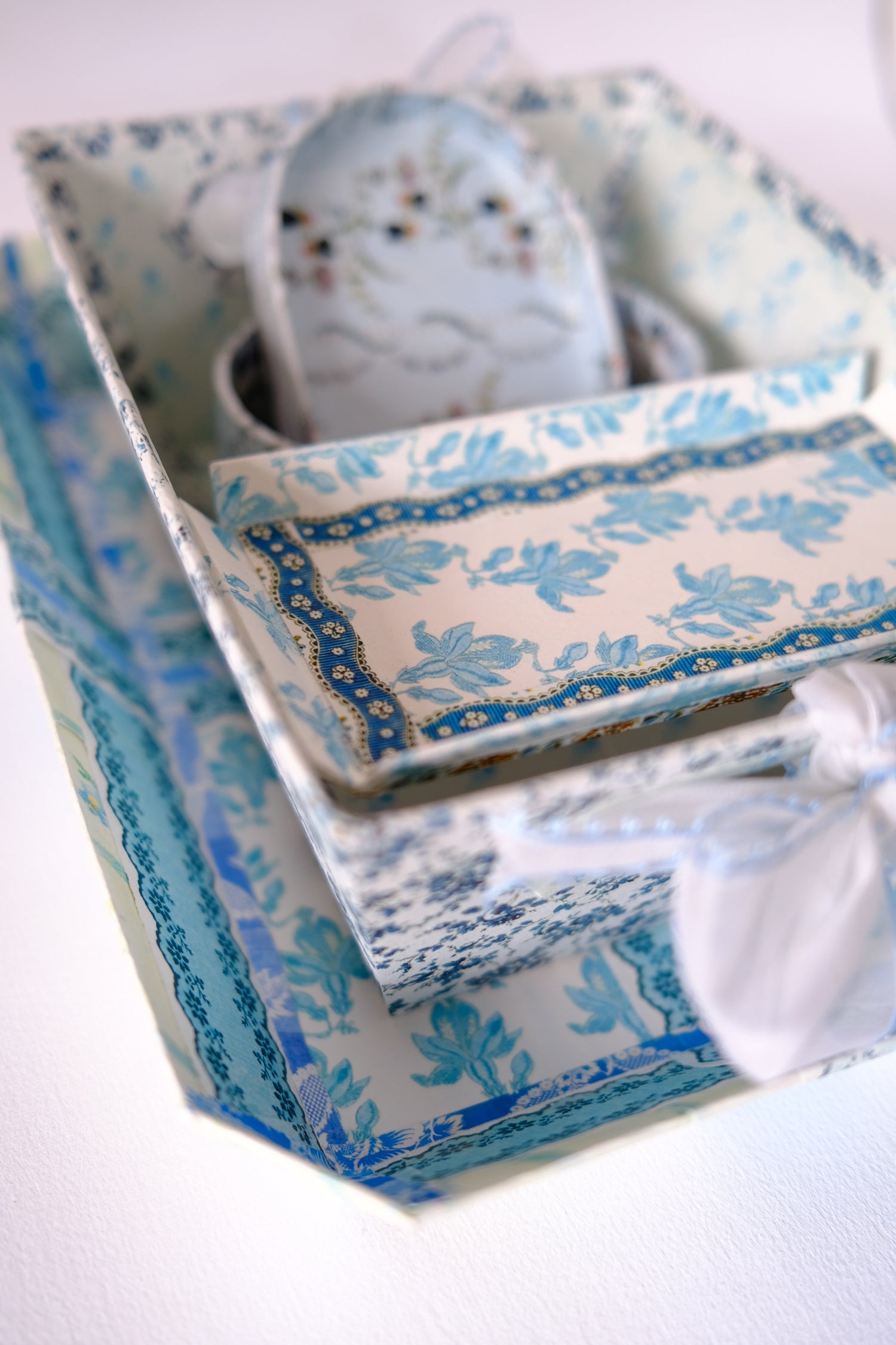 Mixed Blue Floral Desk Set with Gauzy Picot Ribbon