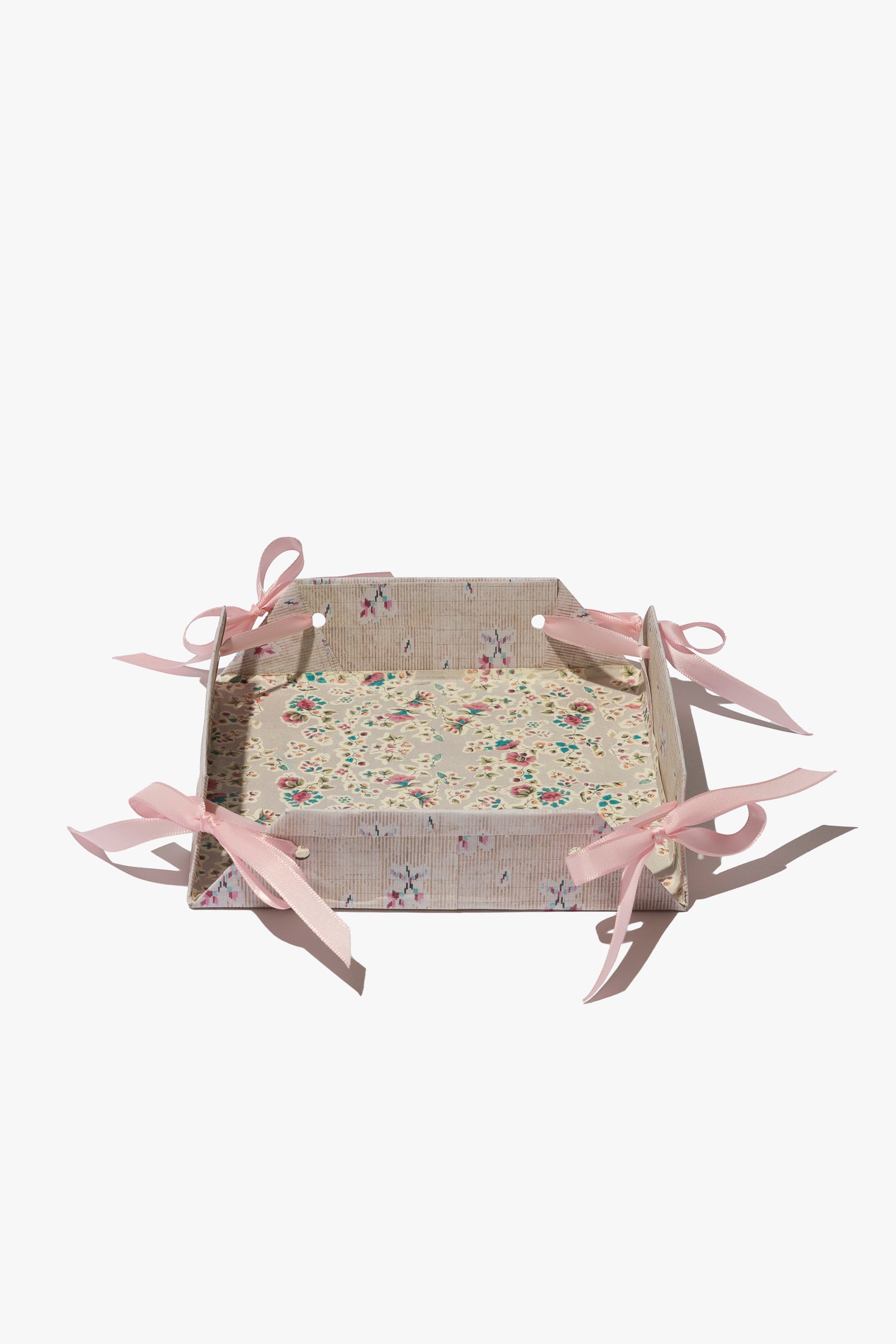 Taupe Ikat Scatter Florals and Calico with Pink Satin Ribbons